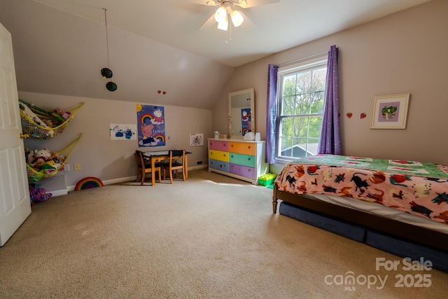 76 Overlook Pointe Dr, Spruce Pine, NC 28777 - carpeted bedroom featuring vaulted ceiling, baseboards, and a ceiling fan