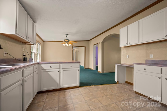 257 River Crest Dr, Flat Rock, NC 28731 - kitchen with ceiling fan, ornamental molding, a textured ceiling, and a peninsula
