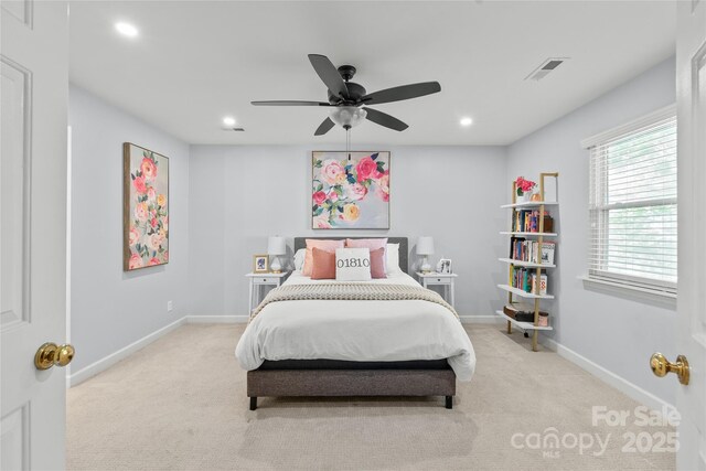 bedroom featuring visible vents, baseboards, ceiling fan, recessed lighting, and carpet