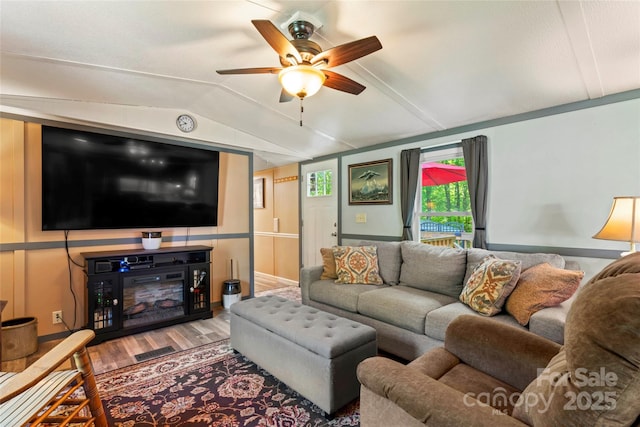 743 Dream Ln, Salisbury, NC 28146 - living room featuring wood finished floors, ceiling fan, and lofted ceiling