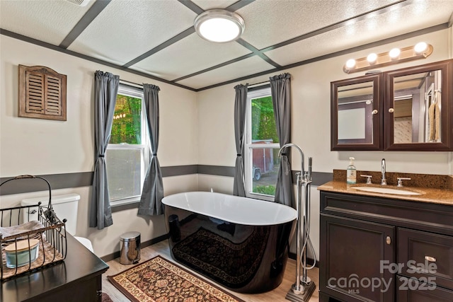 743 Dream Ln, Salisbury, NC 28146 - bathroom featuring a freestanding tub, vanity, wood finished floors, and a wealth of natural light