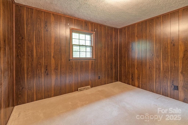 unfurnished room featuring a textured ceiling, wooden walls, and carpet