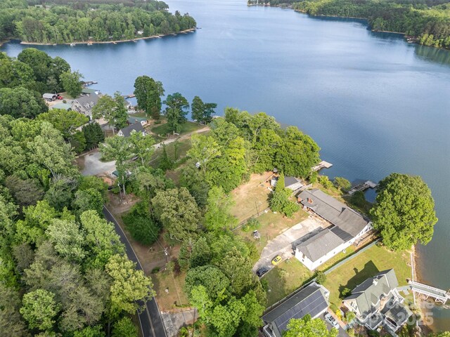drone / aerial view with a water view and a view of trees