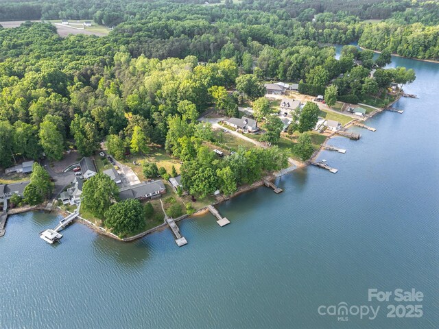 aerial view featuring a water view and a forest view