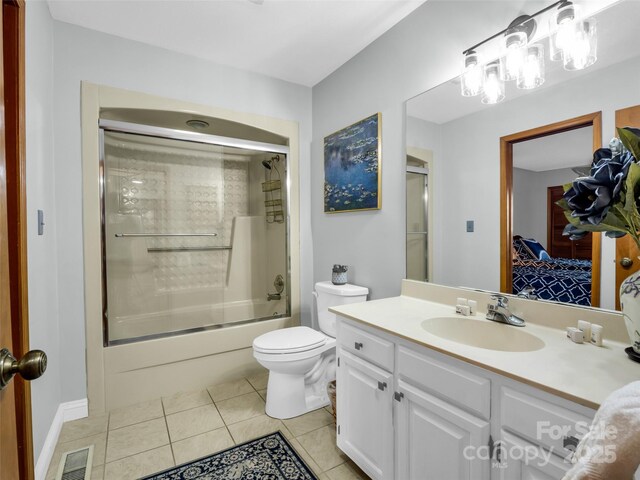 bathroom featuring tile patterned flooring, vanity, ensuite bath, toilet, and visible vents