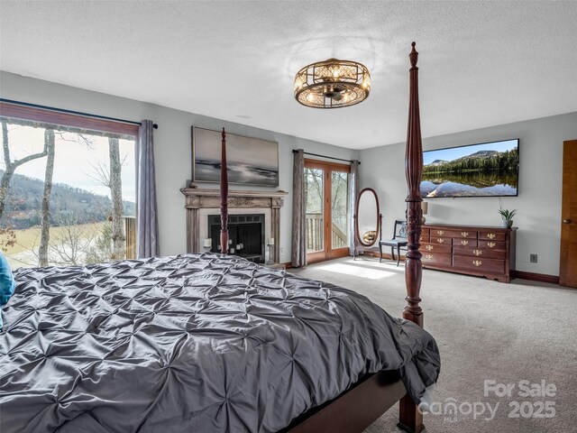 carpeted bedroom with a textured ceiling, baseboards, access to exterior, and multiple windows