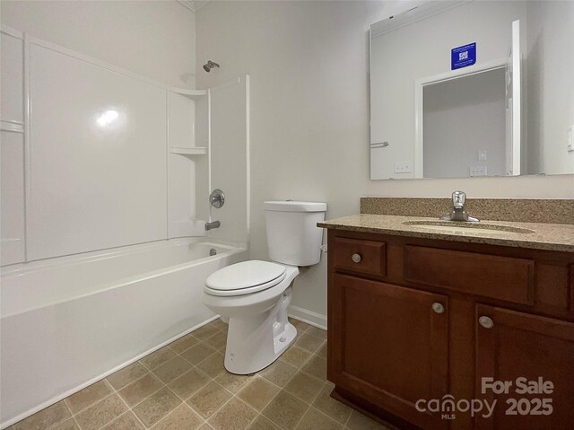 full bath featuring toilet, baseboards, bathing tub / shower combination, and vanity