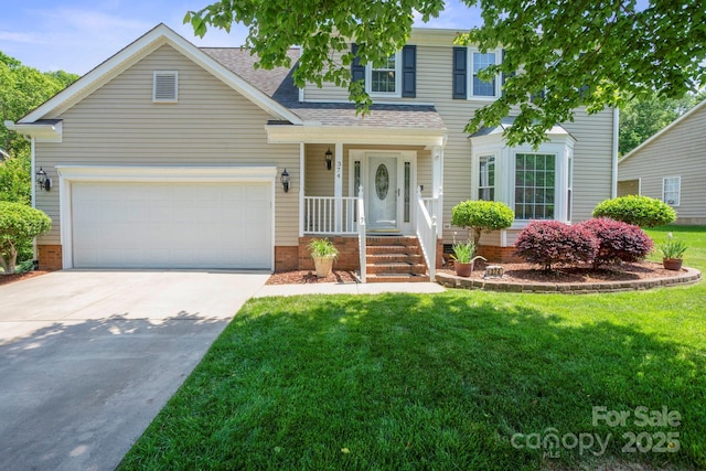 traditional-style house with roof with shingles, an attached garage, a front yard, concrete driveway, and covered porch