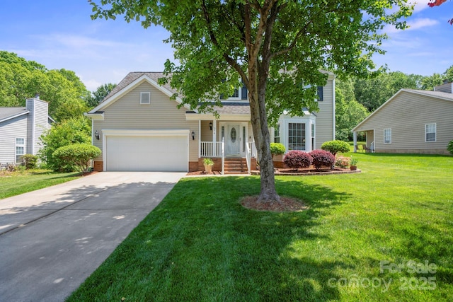 traditional-style home featuring a shingled roof, an attached garage, concrete driveway, and a front lawn