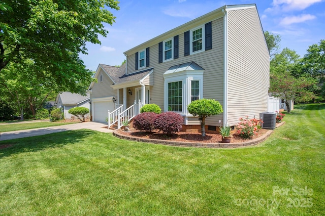 colonial-style house featuring crawl space, a front yard, a garage, central AC, and concrete driveway