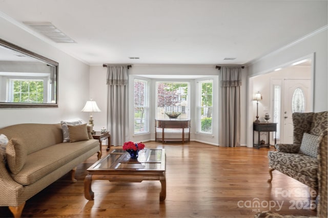 living room featuring plenty of natural light, ornamental molding, and wood finished floors