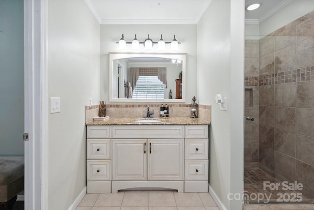 full bath featuring crown molding, vanity, tile patterned flooring, and tiled shower
