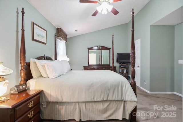 bedroom featuring carpet floors, baseboards, and ceiling fan