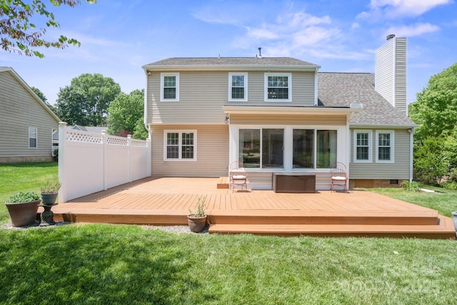 374 Queens Dr SW, Concord, NC 28025 - back of property featuring a chimney, crawl space, a shingled roof, and a deck