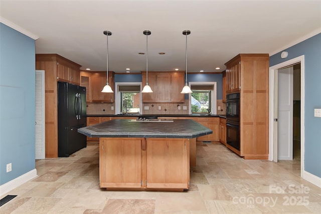 385 Gum Branch Rd, Charlotte, NC 28214 - kitchen with baseboards, a center island, black appliances, and stone tile flooring