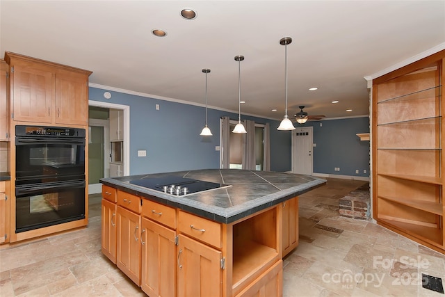 385 Gum Branch Rd, Charlotte, NC 28214 - kitchen featuring dark countertops, a ceiling fan, black appliances, and stone tile floors