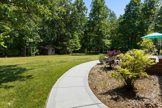 view of yard featuring an outdoor structure and a storage shed