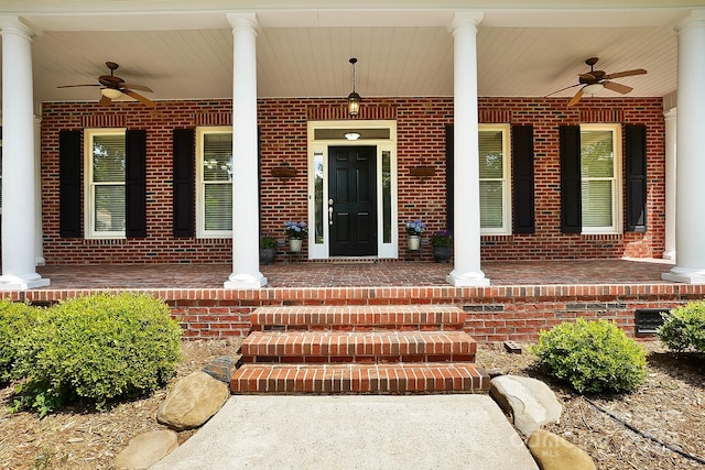 4570 Chanel Ct, Concord, NC 28025 - property entrance with covered porch, ceiling fan, and brick siding