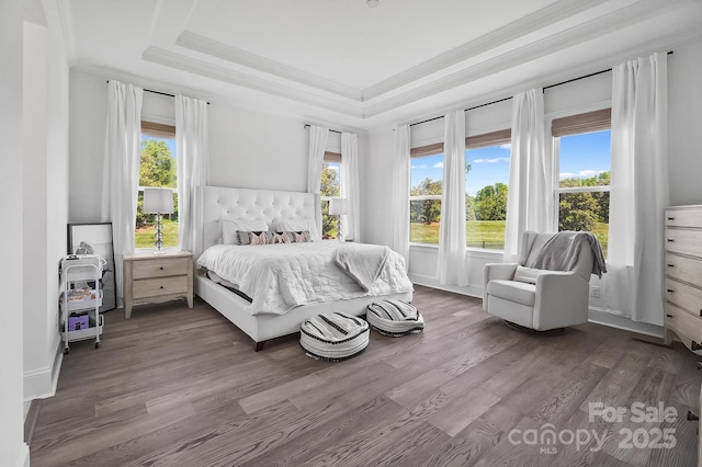 1005 Grand Oak Dr, Waxhaw, NC 28173 - bedroom featuring a tray ceiling, wood finished floors, and ornamental molding