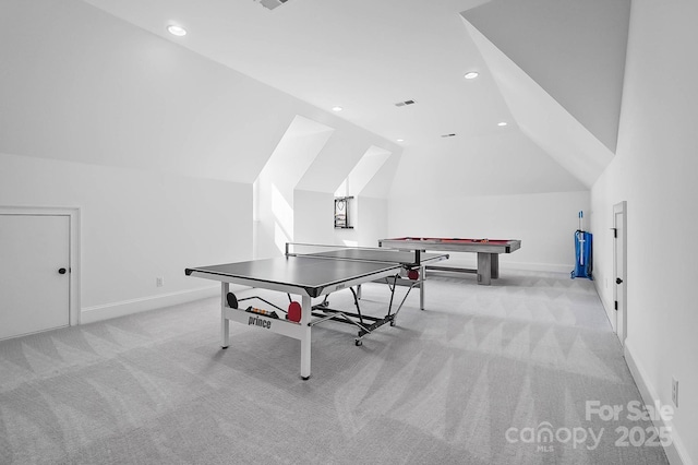 1005 Grand Oak Dr, Waxhaw, NC 28173 - game room featuring vaulted ceiling, carpet, baseboards, and recessed lighting