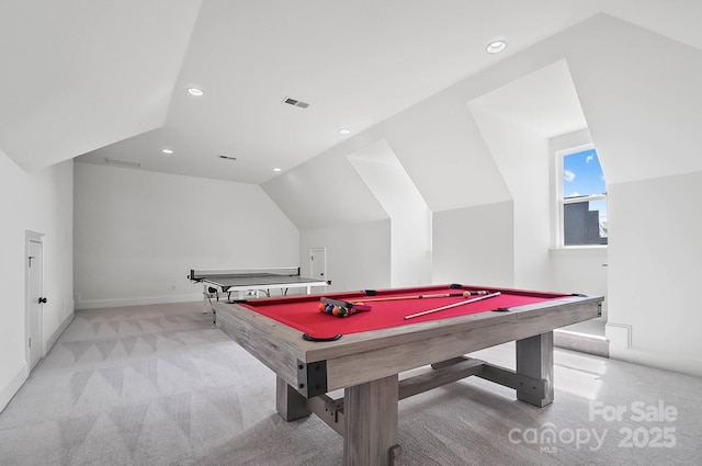 1005 Grand Oak Dr, Waxhaw, NC 28173 - recreation room featuring light carpet, recessed lighting, pool table, baseboards, and vaulted ceiling