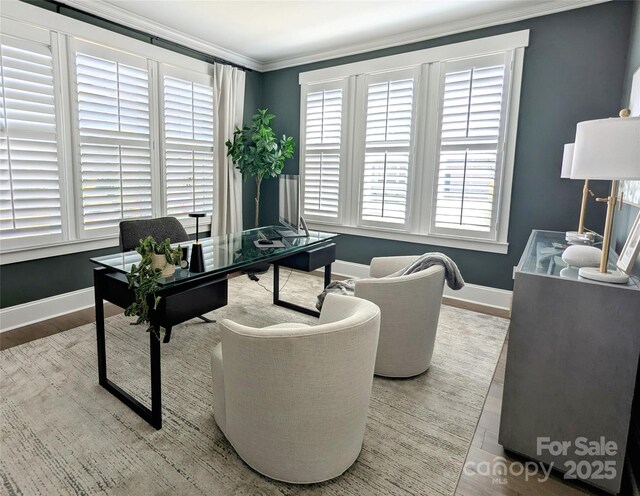 office space with baseboards, plenty of natural light, and wood finished floors