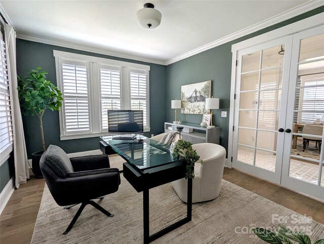 office featuring a wealth of natural light, french doors, and wood finished floors