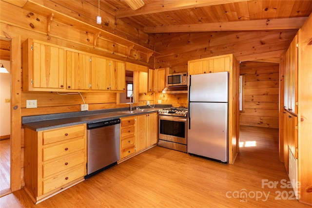 214 Pike Pt, Waynesville, NC 28785 - kitchen featuring appliances with stainless steel finishes, dark countertops, light wood-type flooring, a sink, and wooden ceiling