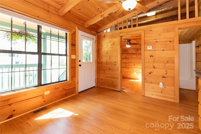214 Pike Pt, Waynesville, NC 28785 - spare room featuring a ceiling fan, visible vents, vaulted ceiling with beams, and wood ceiling