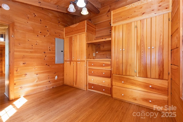 214 Pike Pt, Waynesville, NC 28785 - unfurnished bedroom featuring beam ceiling, electric panel, wood walls, and light wood-style flooring