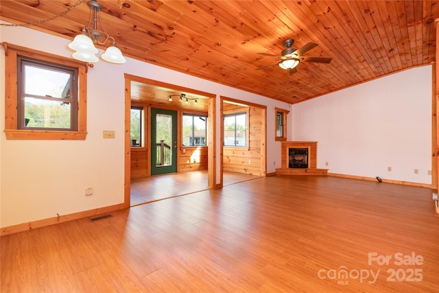 214 Pike Pt, Waynesville, NC 28785 - unfurnished living room with a glass covered fireplace, wooden ceiling, wood finished floors, a wealth of natural light, and visible vents