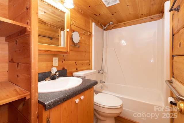 214 Pike Pt, Waynesville, NC 28785 - full bath with visible vents, vanity, toilet, wood ceiling, and shower / washtub combination