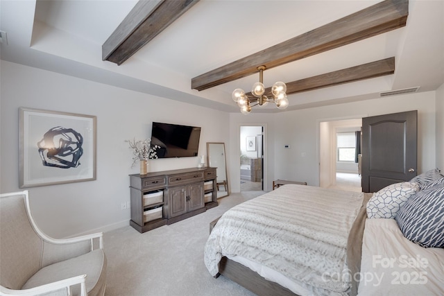 bedroom with light carpet, a chandelier, baseboards, beamed ceiling, and visible vents
