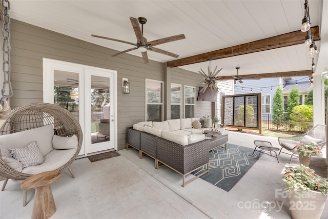 sunroom featuring an outdoor hangout area, a ceiling fan, french doors, and beamed ceiling