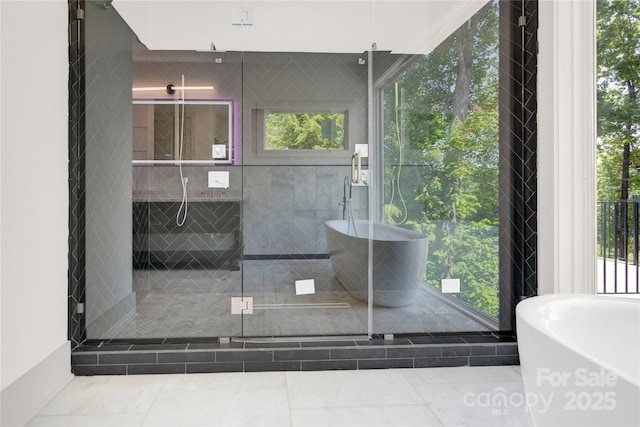 124 Clipper Ln, Mooresville, NC 28117 - bathroom with a soaking tub, a stall shower, and tile patterned flooring