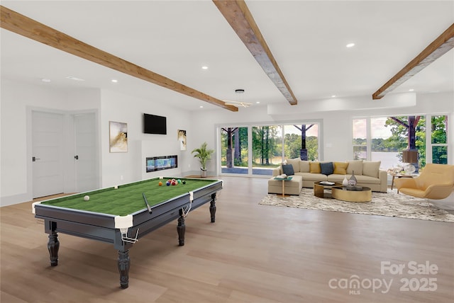 124 Clipper Ln, Mooresville, NC 28117 - rec room featuring beam ceiling, billiards table, light wood-style flooring, and recessed lighting