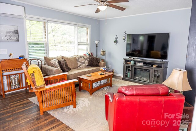 living area featuring crown molding, an AC wall unit, ceiling fan, and wood finished floors