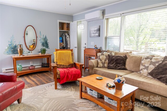 living room featuring crown molding, an AC wall unit, and wood finished floors