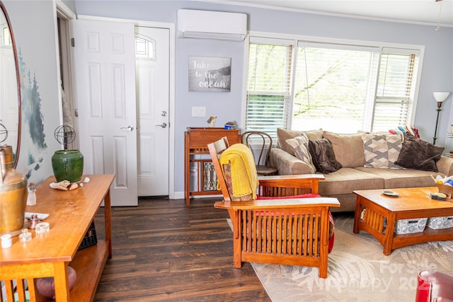 57 Gribble Rd, Franklin, NC 28734 - living room with a wall mounted air conditioner, wood finished floors, and ornamental molding