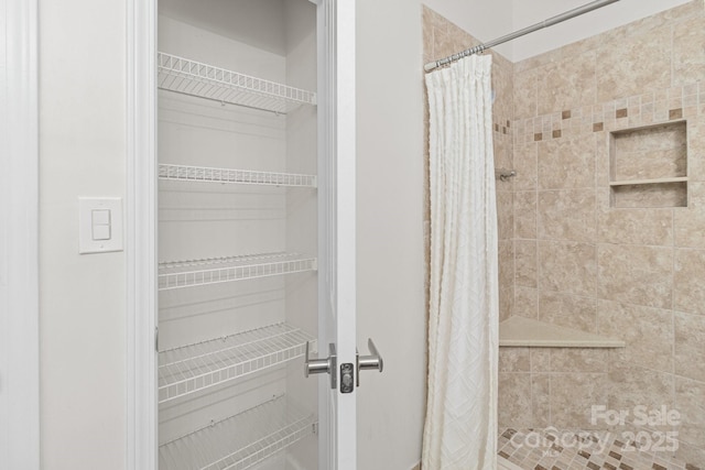 full bathroom with a walk in closet and a stall shower