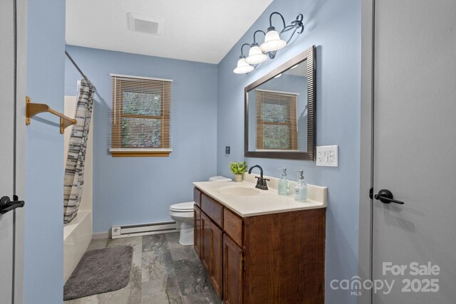 full bathroom featuring vanity, toilet, shower / bathtub combination with curtain, baseboards, and a baseboard heating unit
