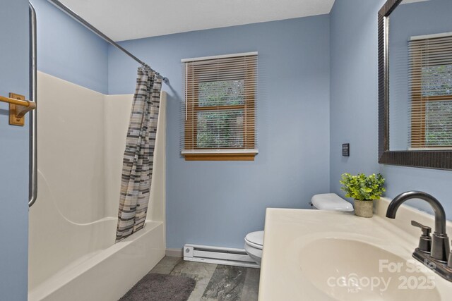 bathroom with vanity, toilet, baseboards, shower / bathtub combination with curtain, and baseboard heating