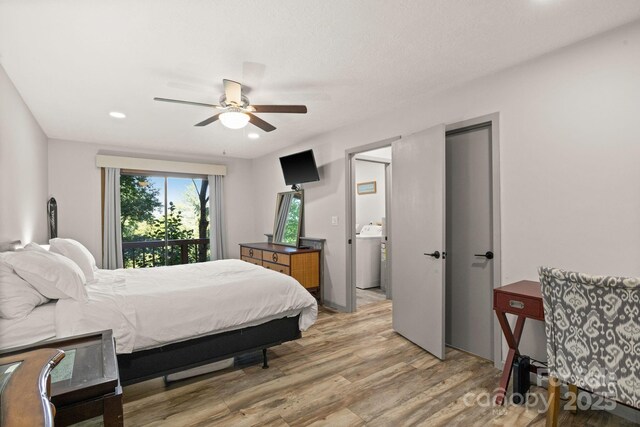 bedroom featuring light wood-style floors, ceiling fan, recessed lighting, and washer / clothes dryer