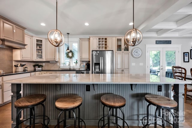 2853 Mathis Church Rd, Catawba, NC 28609 - kitchen featuring stainless steel refrigerator with ice dispenser, a chandelier, a sink, recessed lighting, and healthy amount of natural light