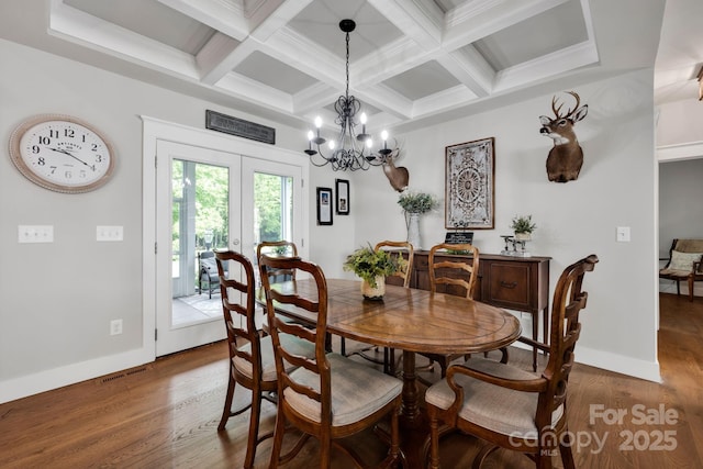 2853 Mathis Church Rd, Catawba, NC 28609 - dining room featuring french doors, wood finished floors, coffered ceiling, beamed ceiling, and baseboards