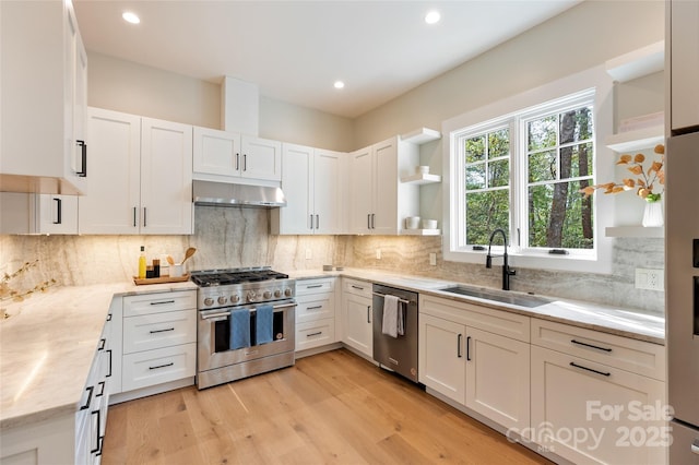 kitchen featuring open shelves, a sink, under cabinet range hood, and stainless steel appliances