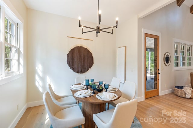 dining area with baseboards, an inviting chandelier, lofted ceiling with beams, and wood finished floors