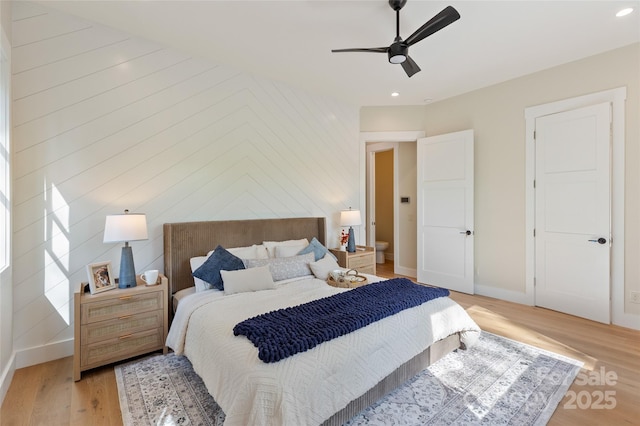 bedroom with recessed lighting, baseboards, ceiling fan, and light wood finished floors