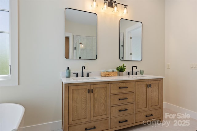 bathroom with a sink, baseboards, double vanity, and a freestanding tub