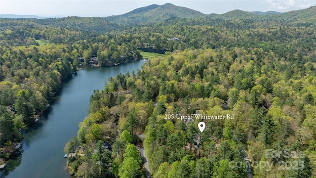 aerial view with a view of trees and a water and mountain view